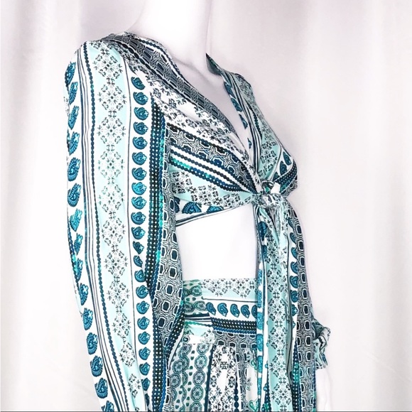 Zhu Ulma Minty Green Geo Paisley Print Crop Top Pant Set SzXS Wide Leg Side Wrap - Picture 13 of 16